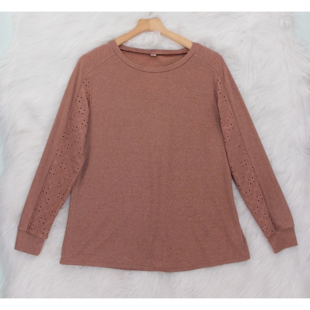 Anyproud Long Sleeve Women's Top Blouse Large Brown Eyelet Soft Lightweight 1648